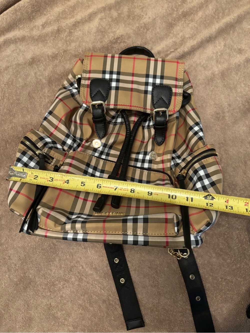 Tan Nova Check Drawstring Backpack with Black Trim - Picture 5 of 10
